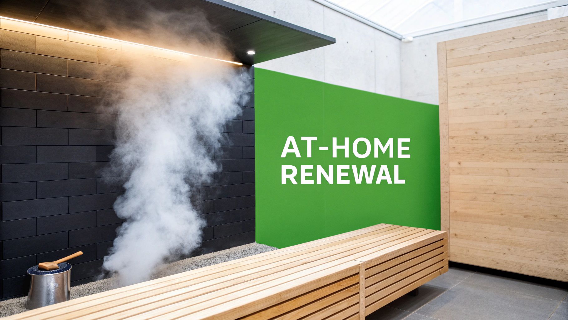 A modern steam room featuring rising steam, a black tiled wall, wooden bench, and a sign reading 'AT-HOME RENEWAL'.