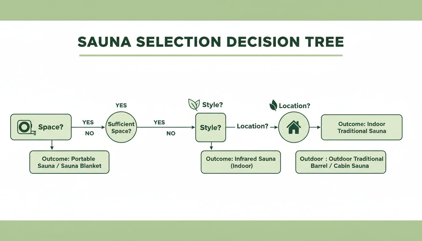 A sauna selection decision tree diagram guides users based on space, style, and location preferences.