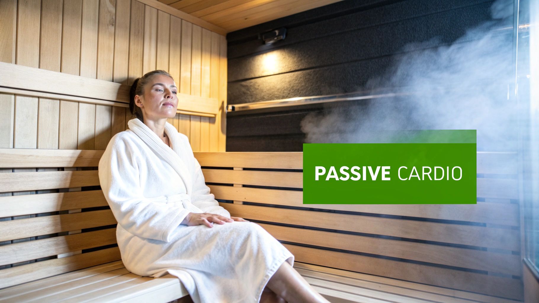 A woman in a white bathrobe sits and relaxes on a wooden bench in a steamy sauna.