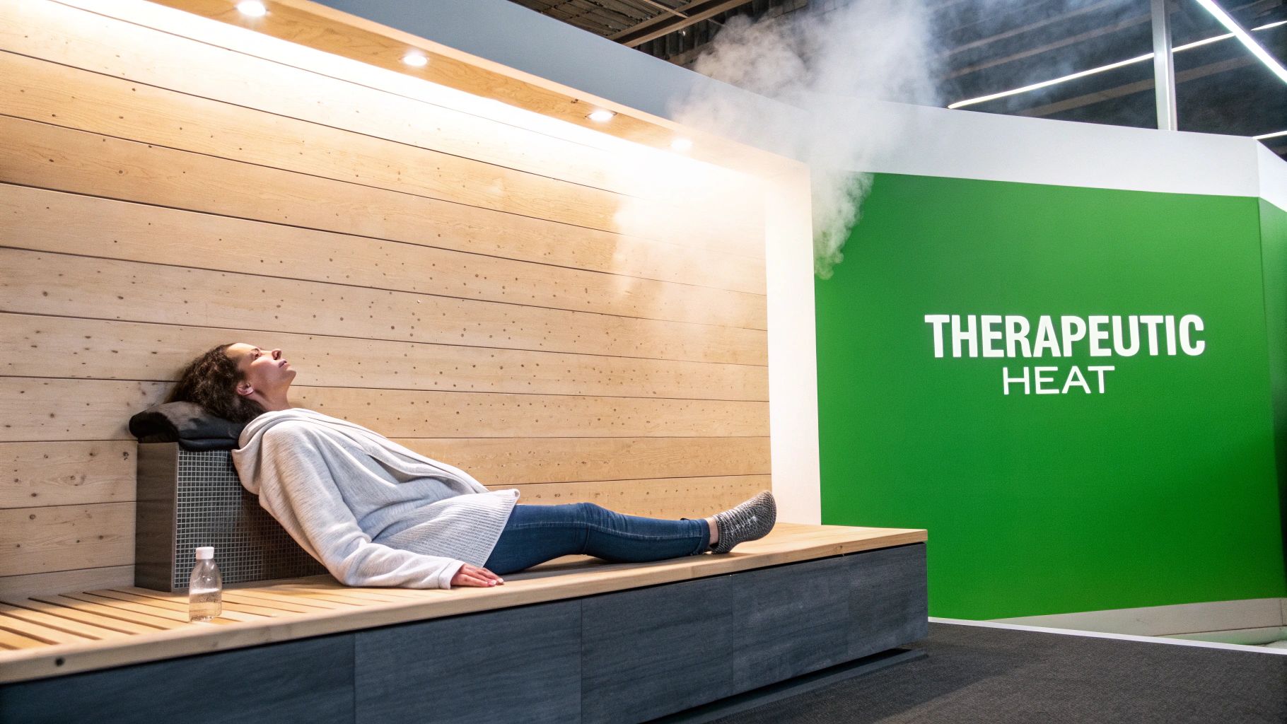 A person relaxes on a wooden bench in a steam room with "THERAPEUTIC HEAT" on a green wall.