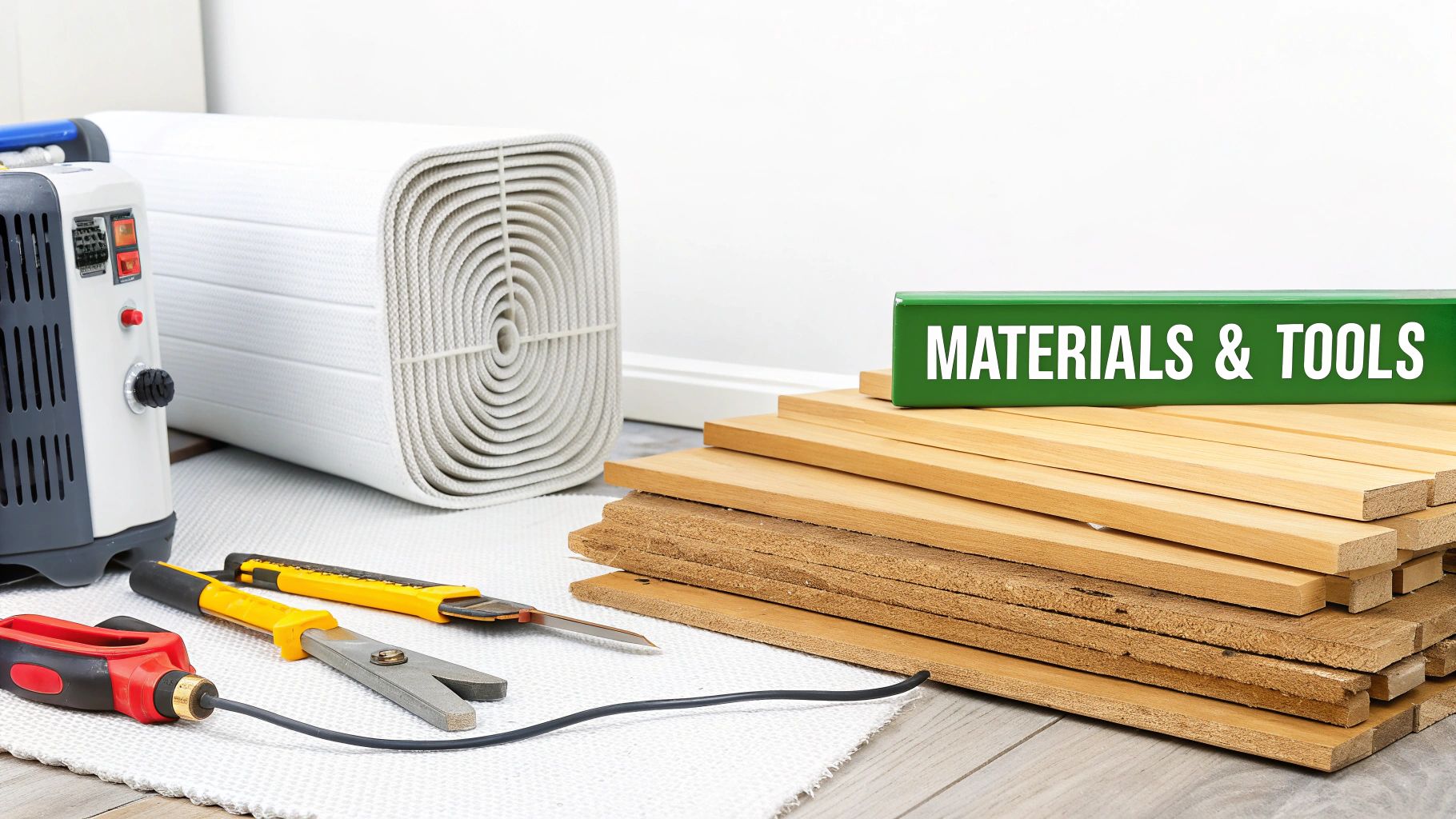 Various construction materials and tools including wood planks, a rolled mat, a cutter, and pliers.