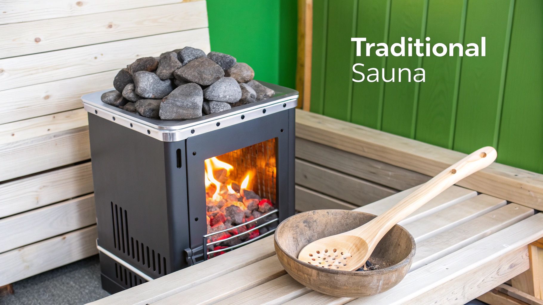 A traditional sauna heater with hot rocks, glowing coals, a wooden bowl, and ladle on a bench.