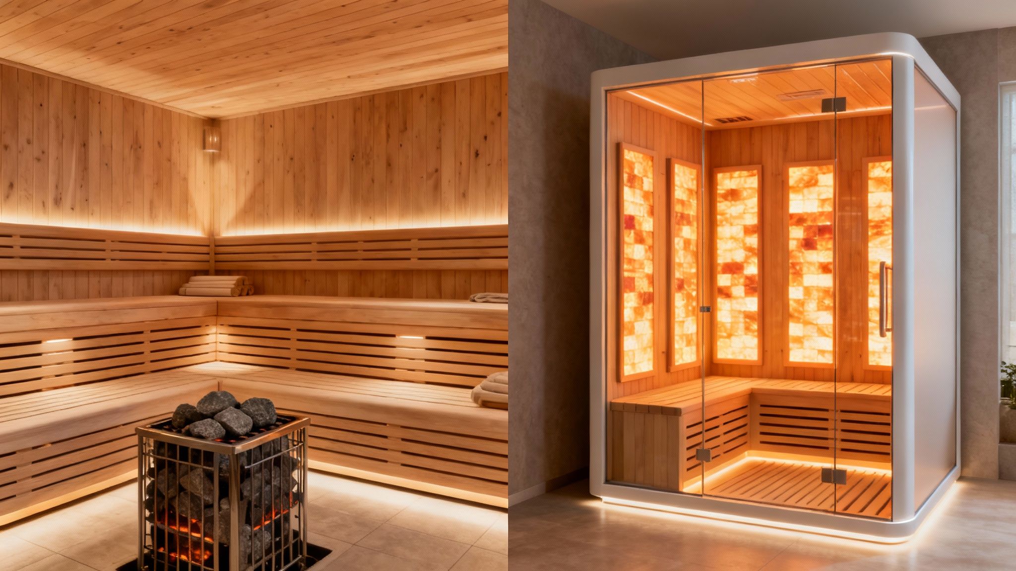 A modern infrared sauna with glowing elements and a relaxed person inside