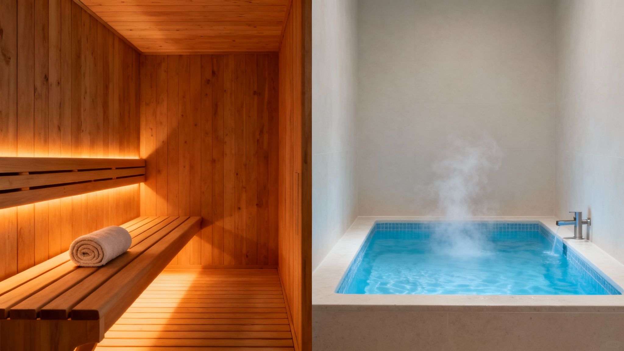 A person sitting in an an outdoor sauna next to a cold plunge tub in a snowy environment.