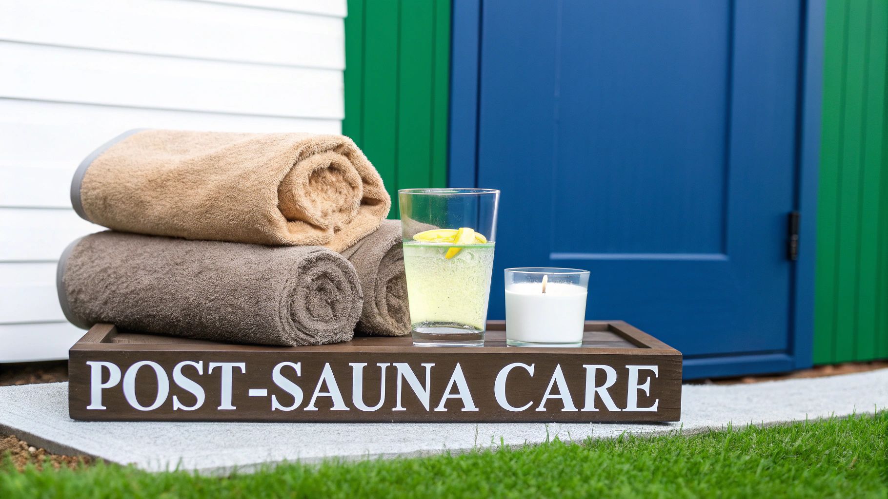 A wooden tray labeled 'POST-SAUNA CARE' holds rolled towels, lemon water, and a lit candle.