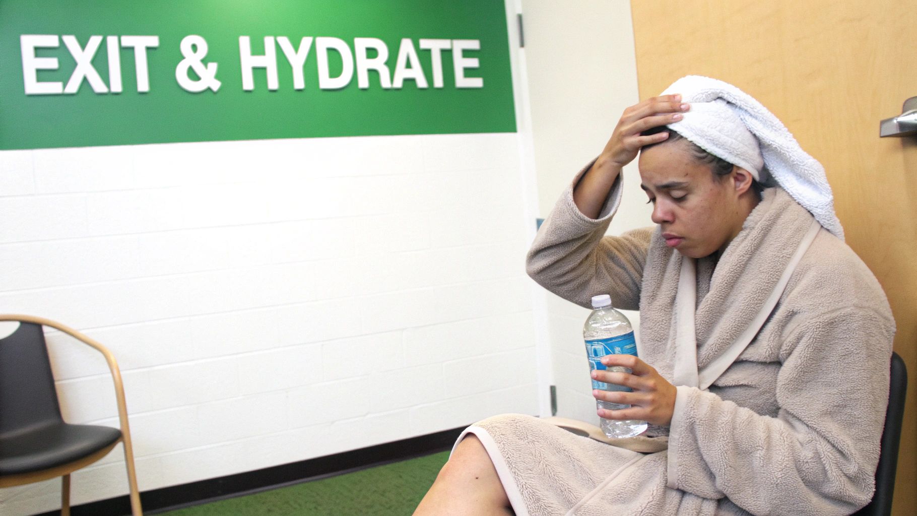 A person in a bathrobe and head towel appears to have a headache, holding a water bottle.
