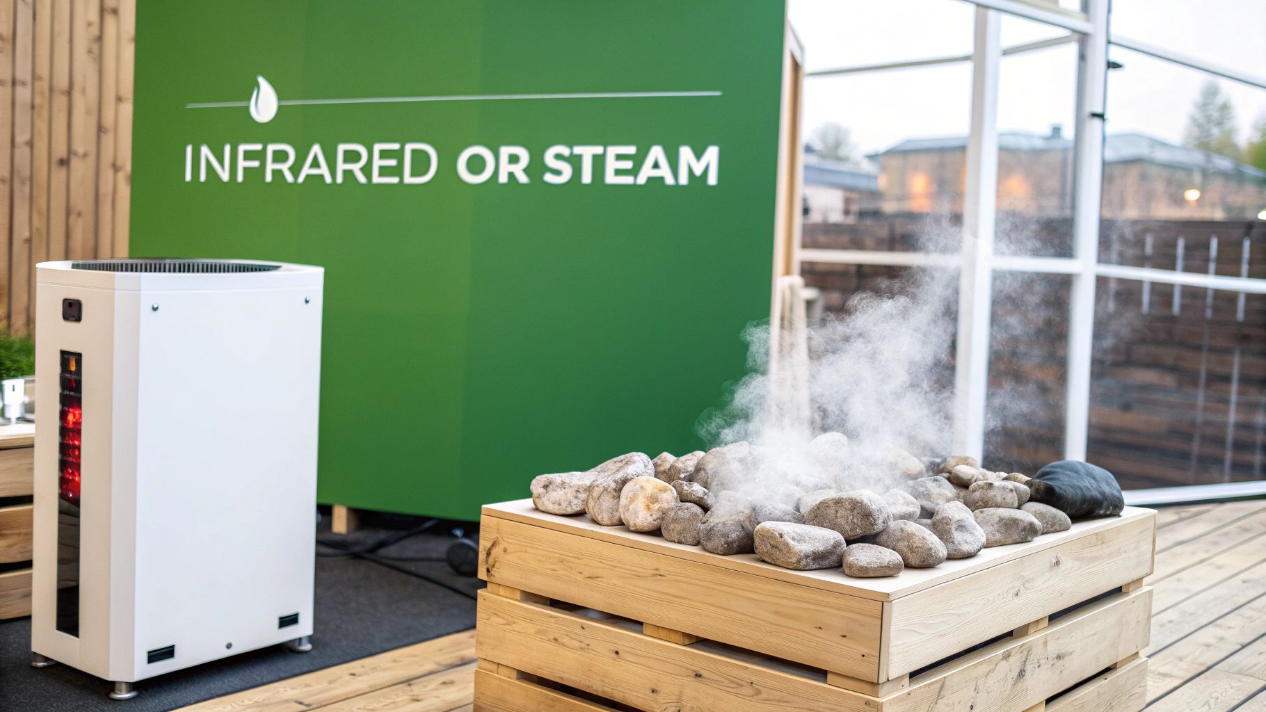 Two distinct sauna heating methods: a modern infrared unit and a traditional steam sauna with hot rocks.