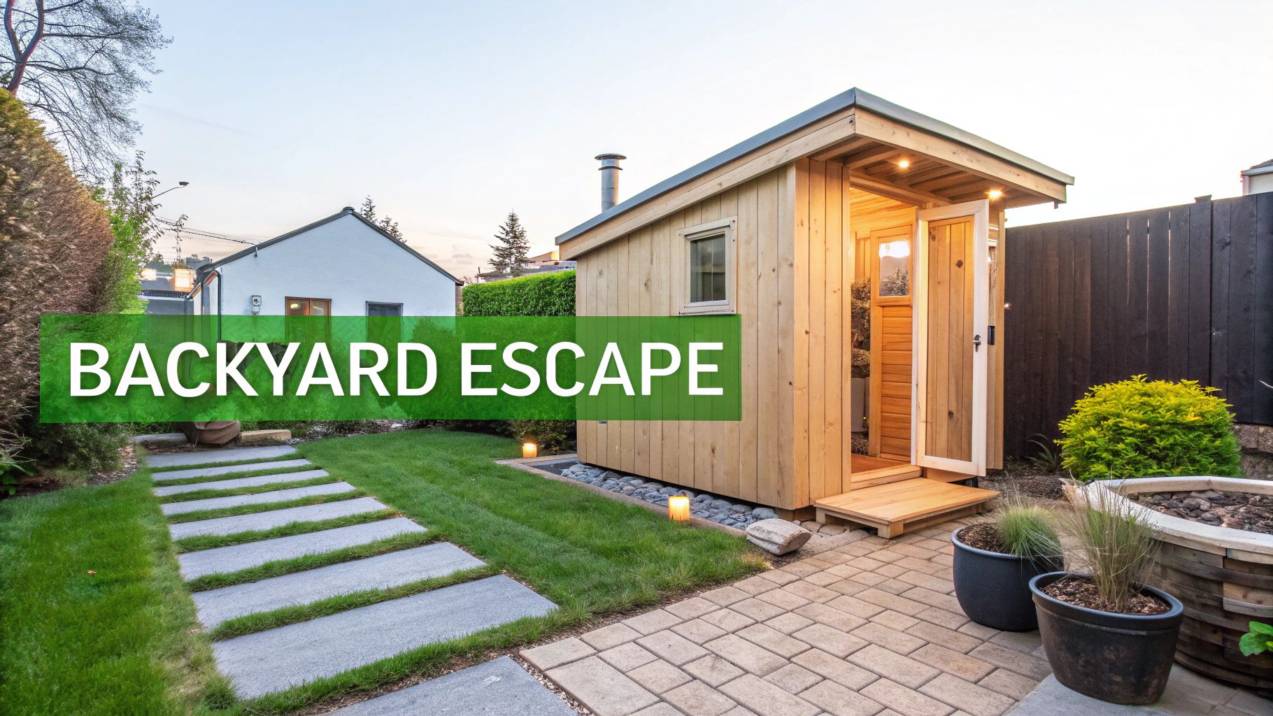 A cozy backyard featuring a modern wooden sauna, paved patio, green lawn with a stepping stone path, under a 'BACKYARD ESCAPE' banner.