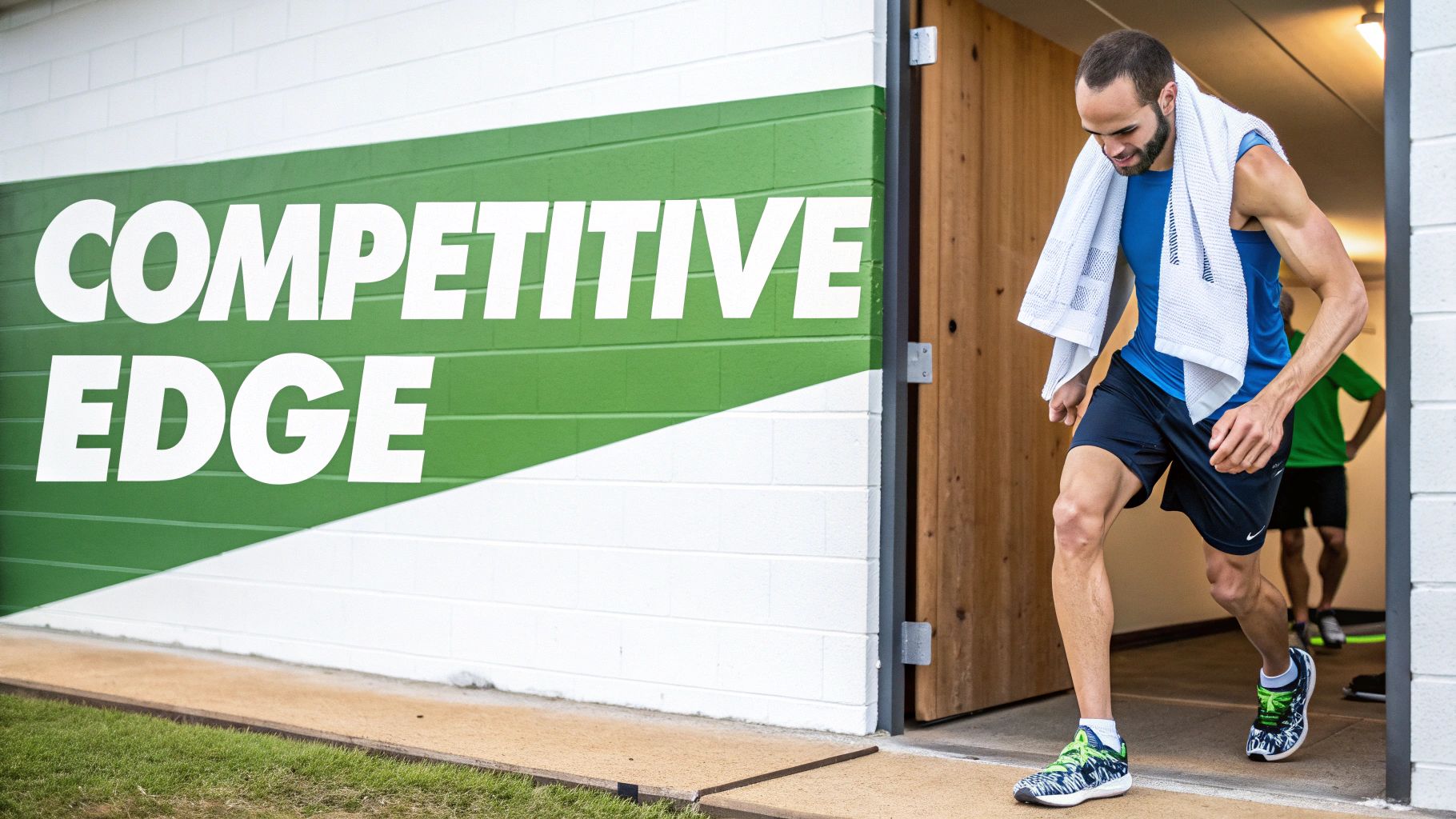 A fit athlete with a towel stepping out of a building, with 'COMPETITIVE EDGE' on the wall.