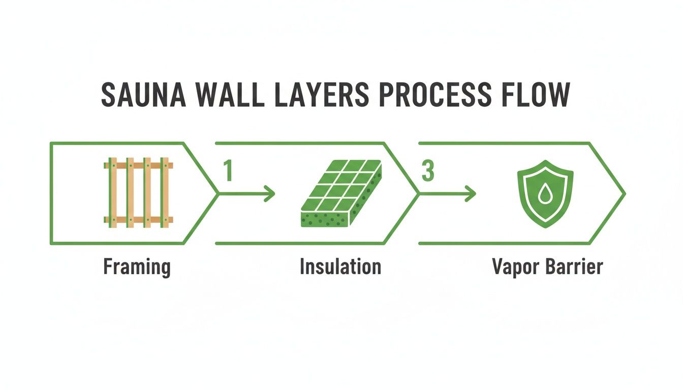 Diagram illustrating the sequential steps for sauna wall construction: framing, insulation, vapor barrier.