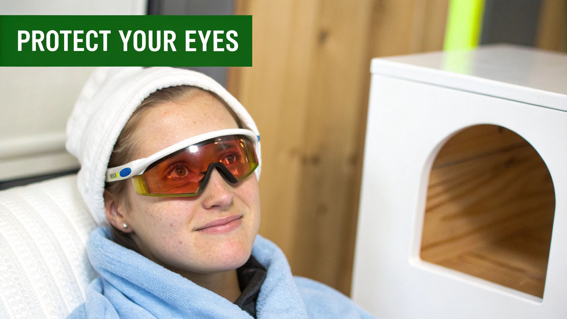 A young woman in a towel and protective orange goggles smiles during a treatment.