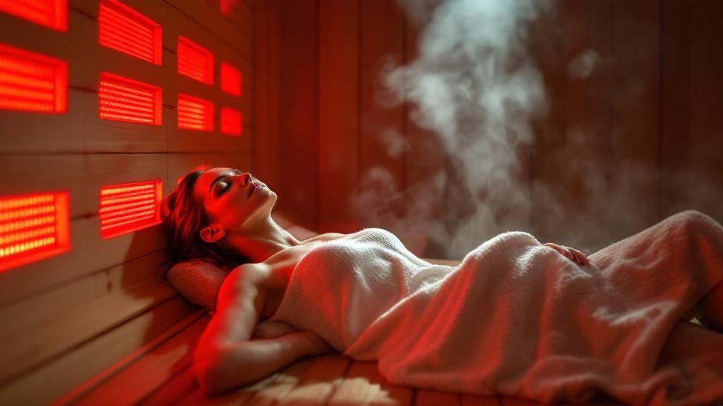 Woman relaxing in an infrared sauna with her eyes closed