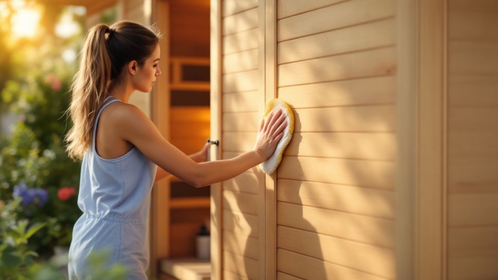 An outdoor infrared sauna being cleaned and maintained in a beautiful backyard.