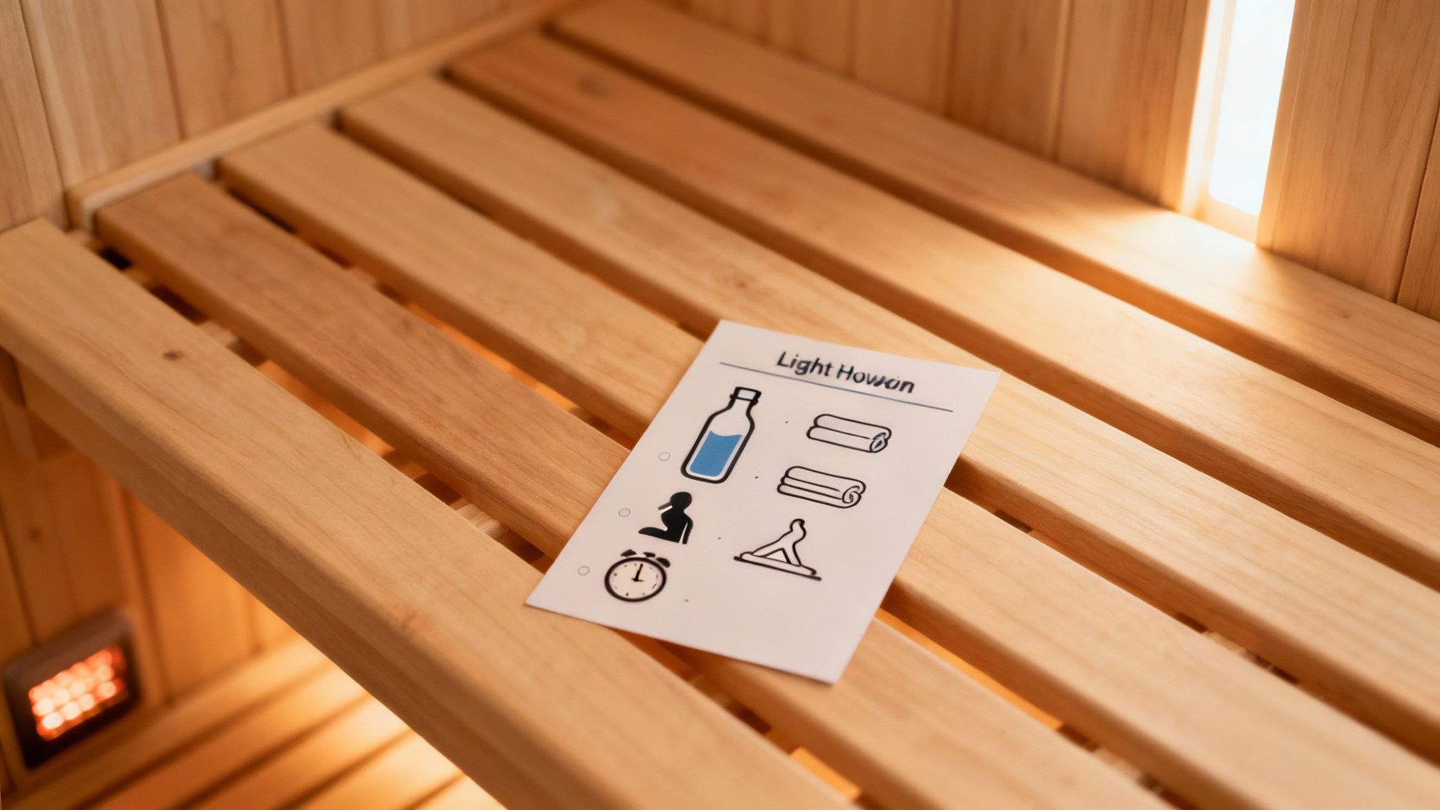 Woman in a towel stretching inside an infrared sauna