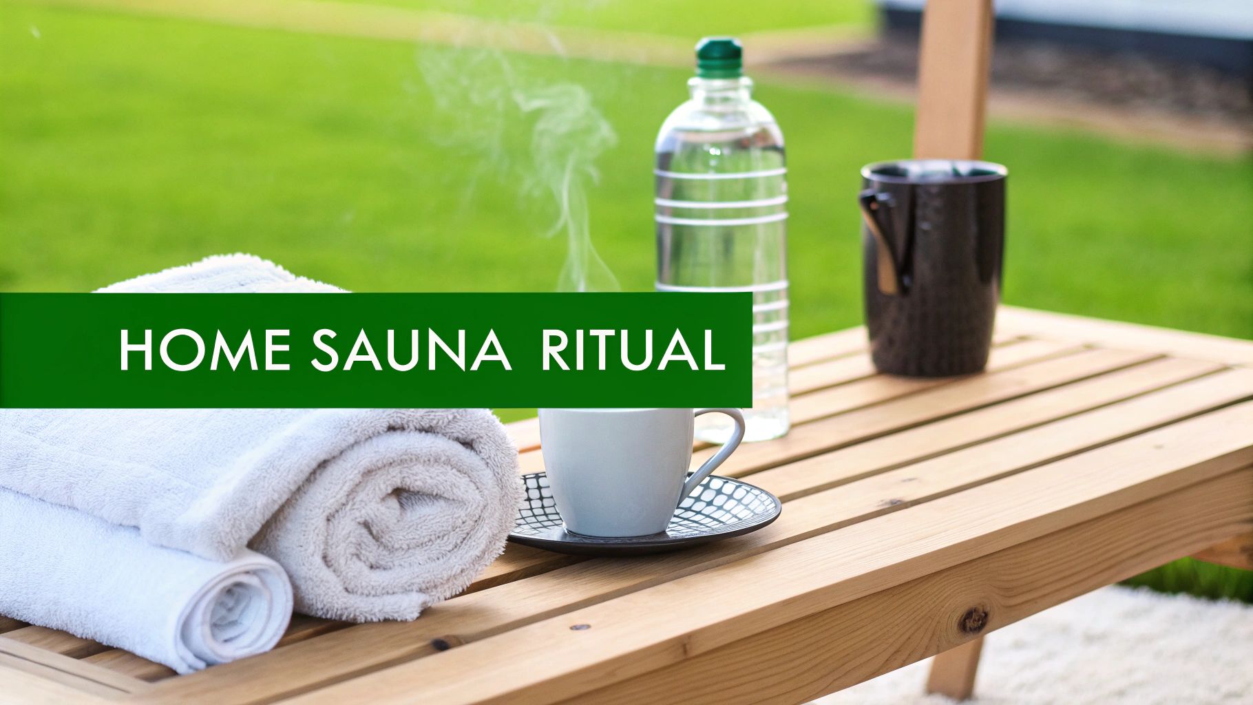 A home sauna ritual setup with rolled towels, steaming drink, and water bottle on a wooden table.