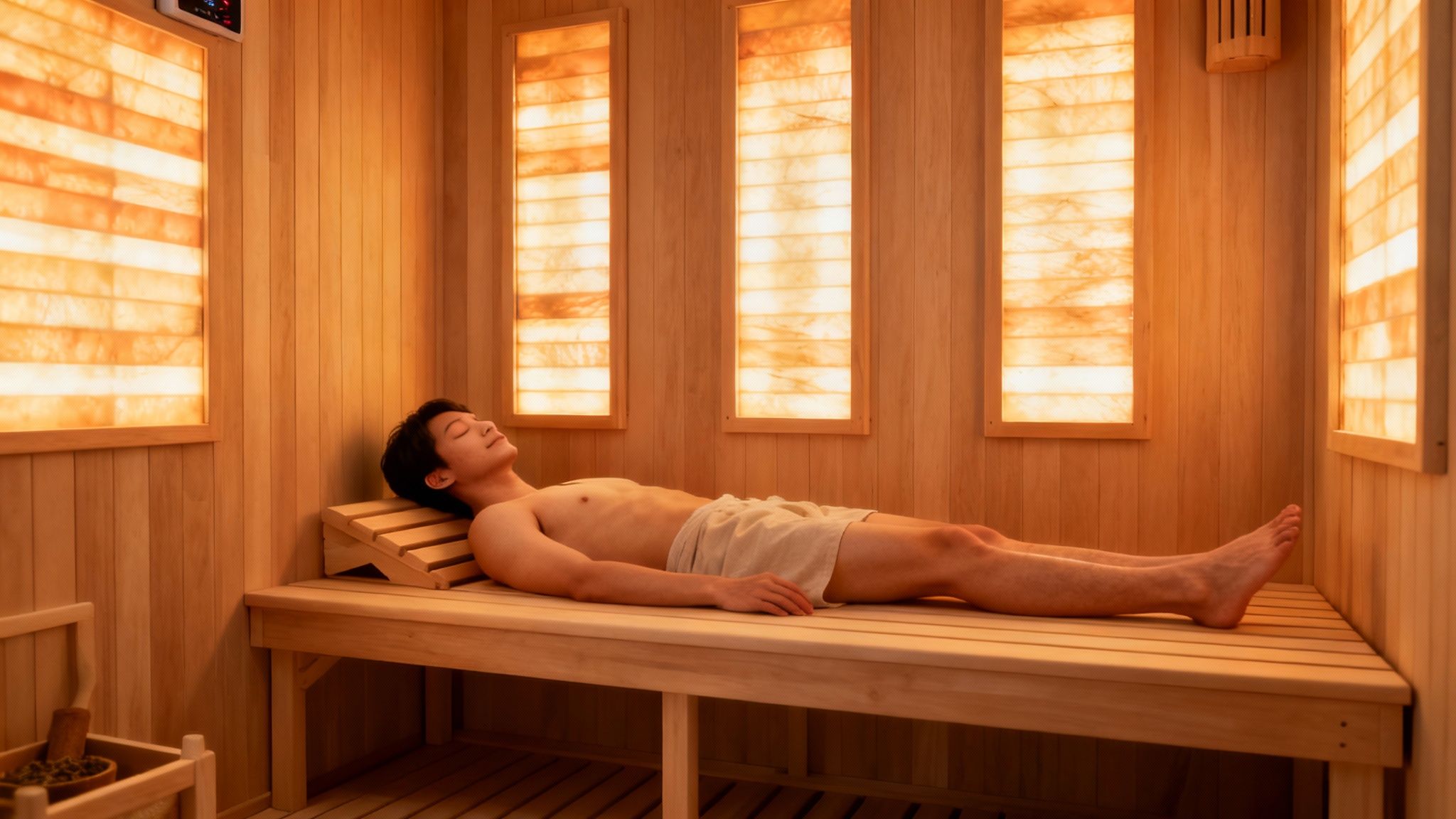 A person relaxing peacefully inside a modern, well-lit low EMF sauna, conveying a sense of deep calm.