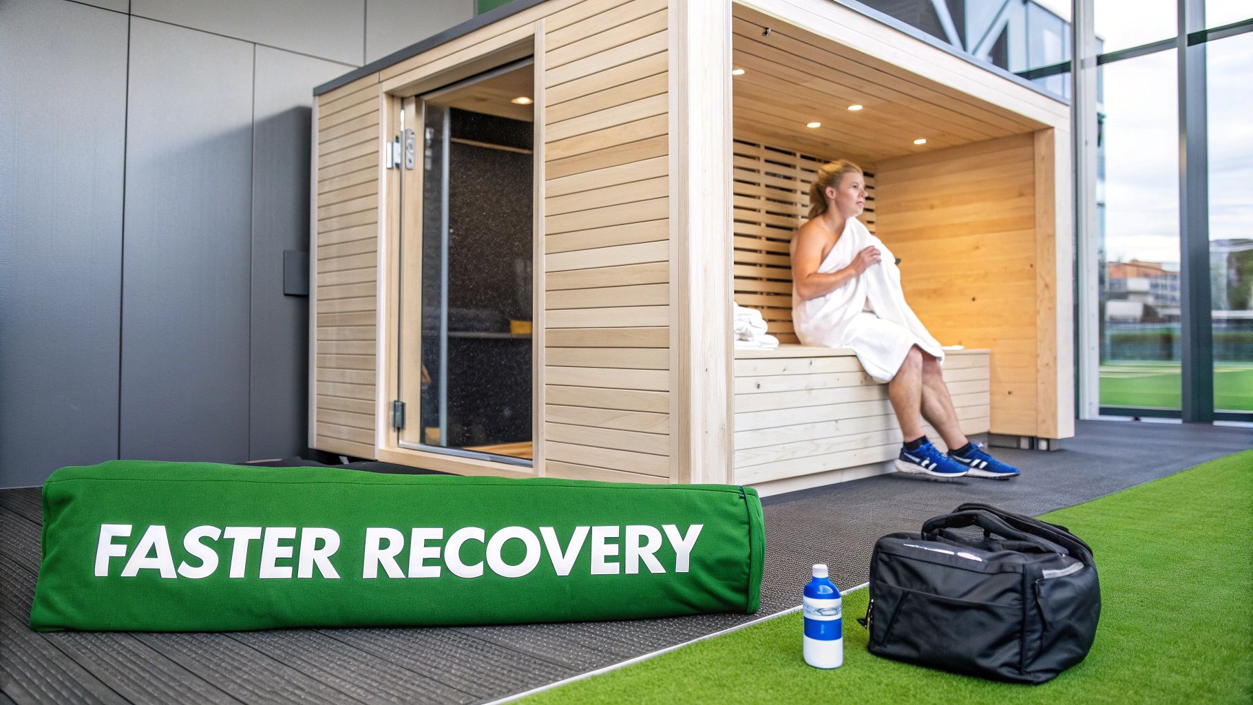 A woman in a towel relaxes in a modern sauna, with 'FASTER RECOVERY' cushion nearby.