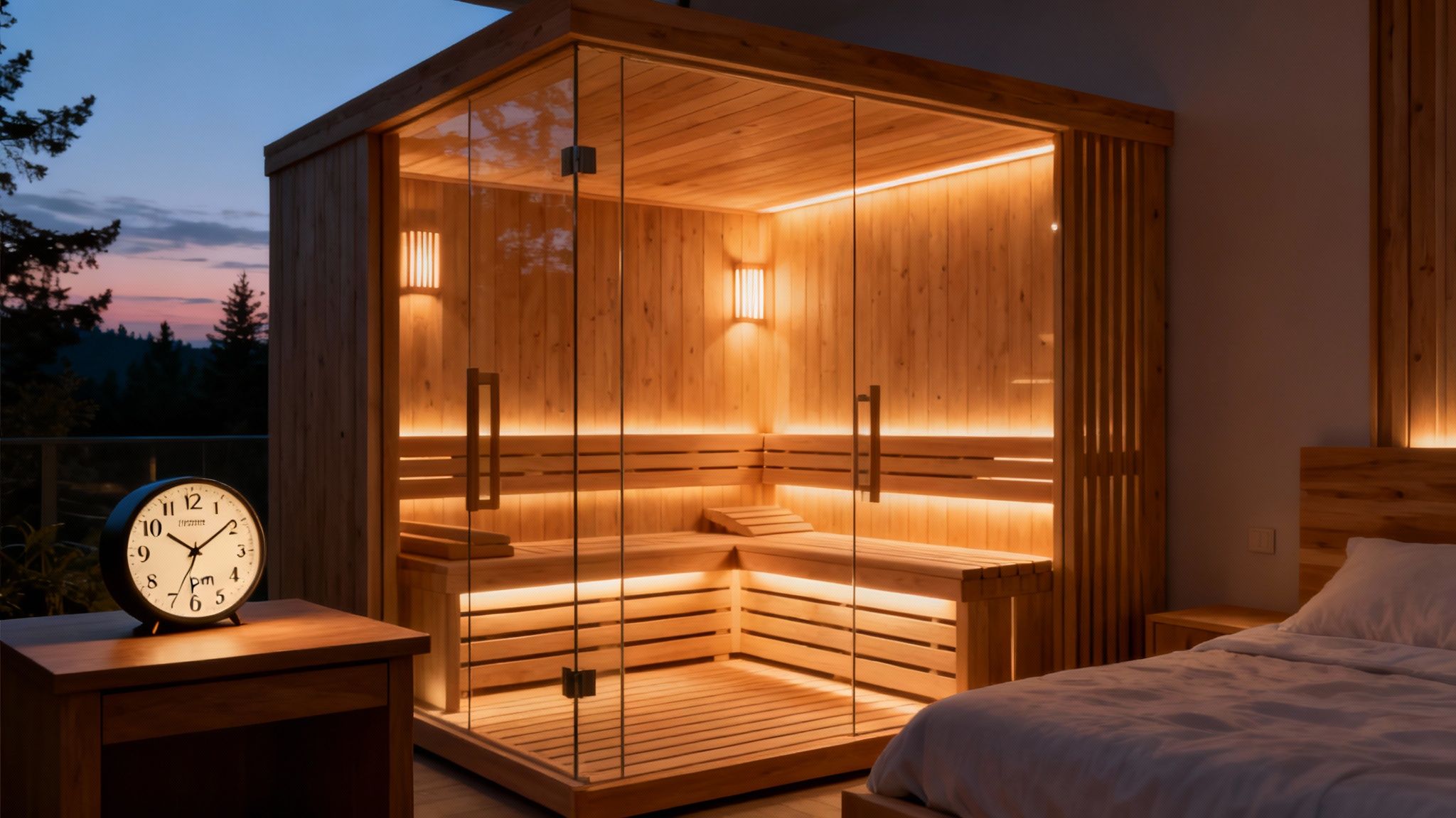 A woman with a towel on her head relaxing inside a well-lit wooden sauna