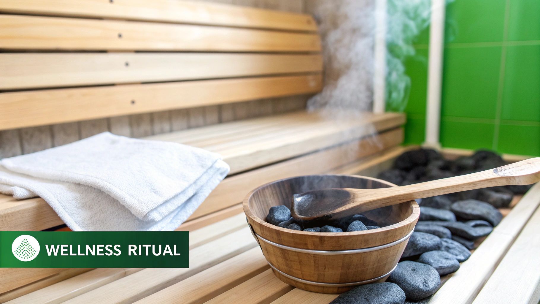 Interior of a traditional sauna with wooden benches, a white towel, and steam rising from hot stones.