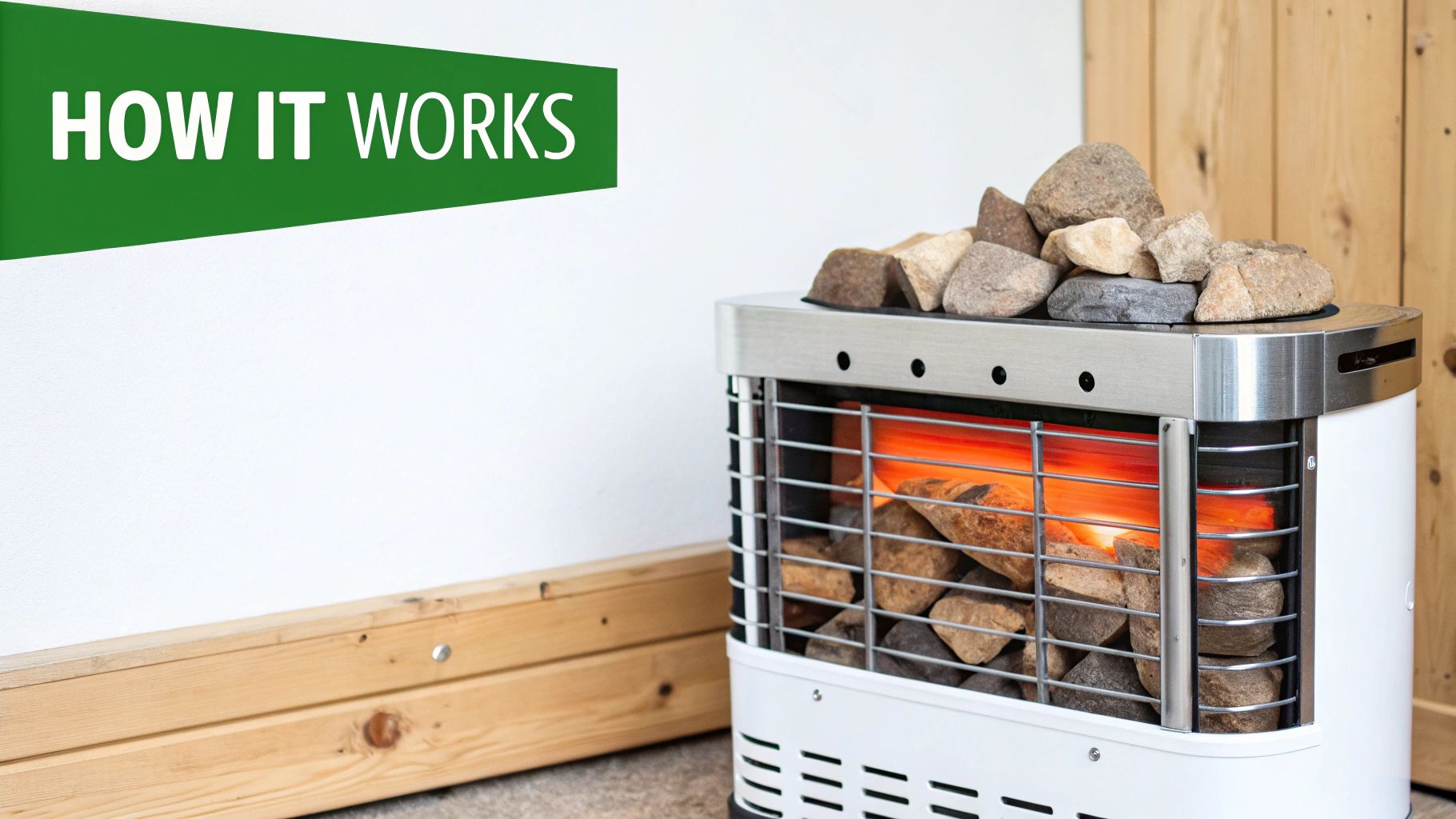 An electric sauna heater with glowing elements and hot rocks, featuring a 'HOW IT WORKS' banner.