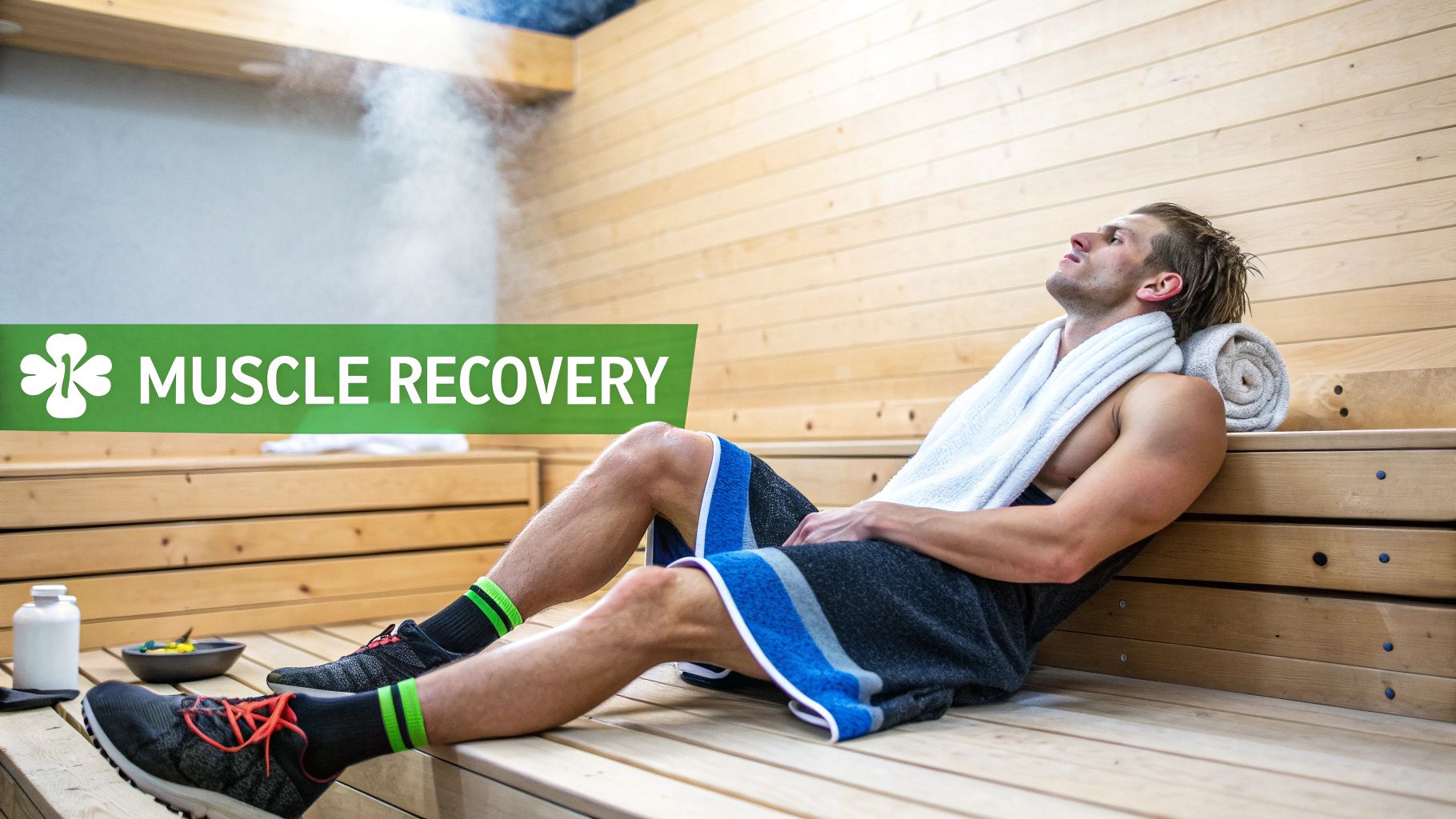 A man with a towel around his neck relaxes in a steamy sauna, focusing on muscle recovery.