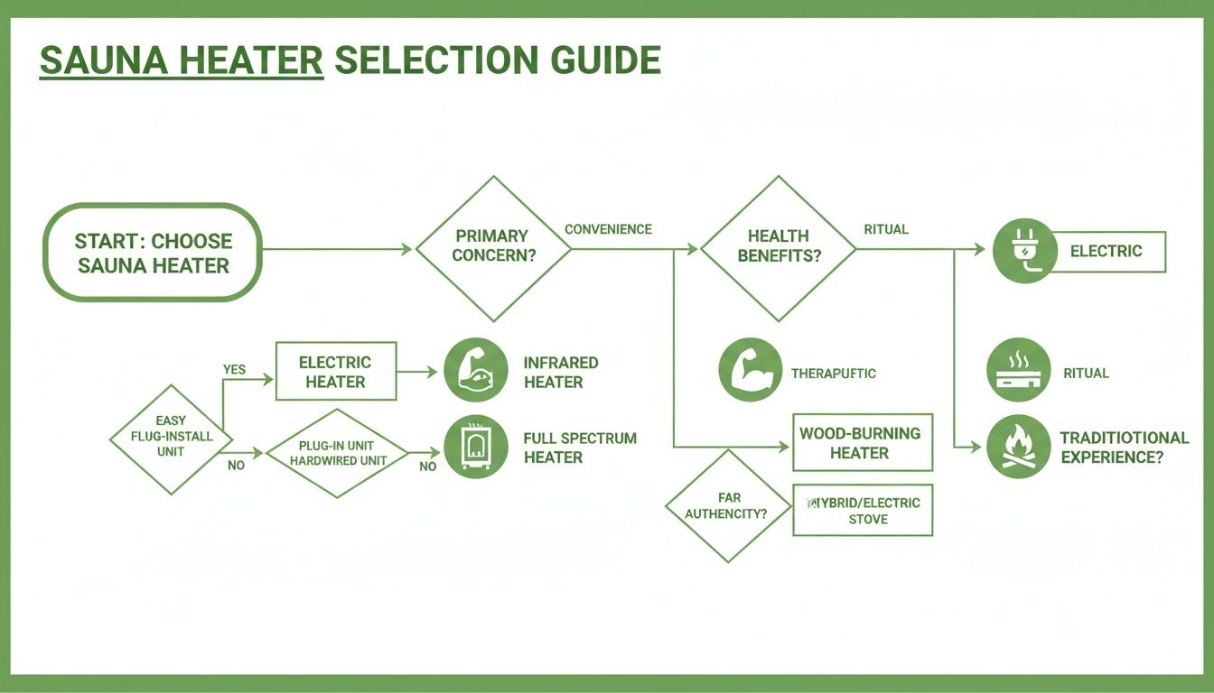 Flowchart guiding sauna heater selection based on installation type, primary concern, health benefits, and traditional experience.
