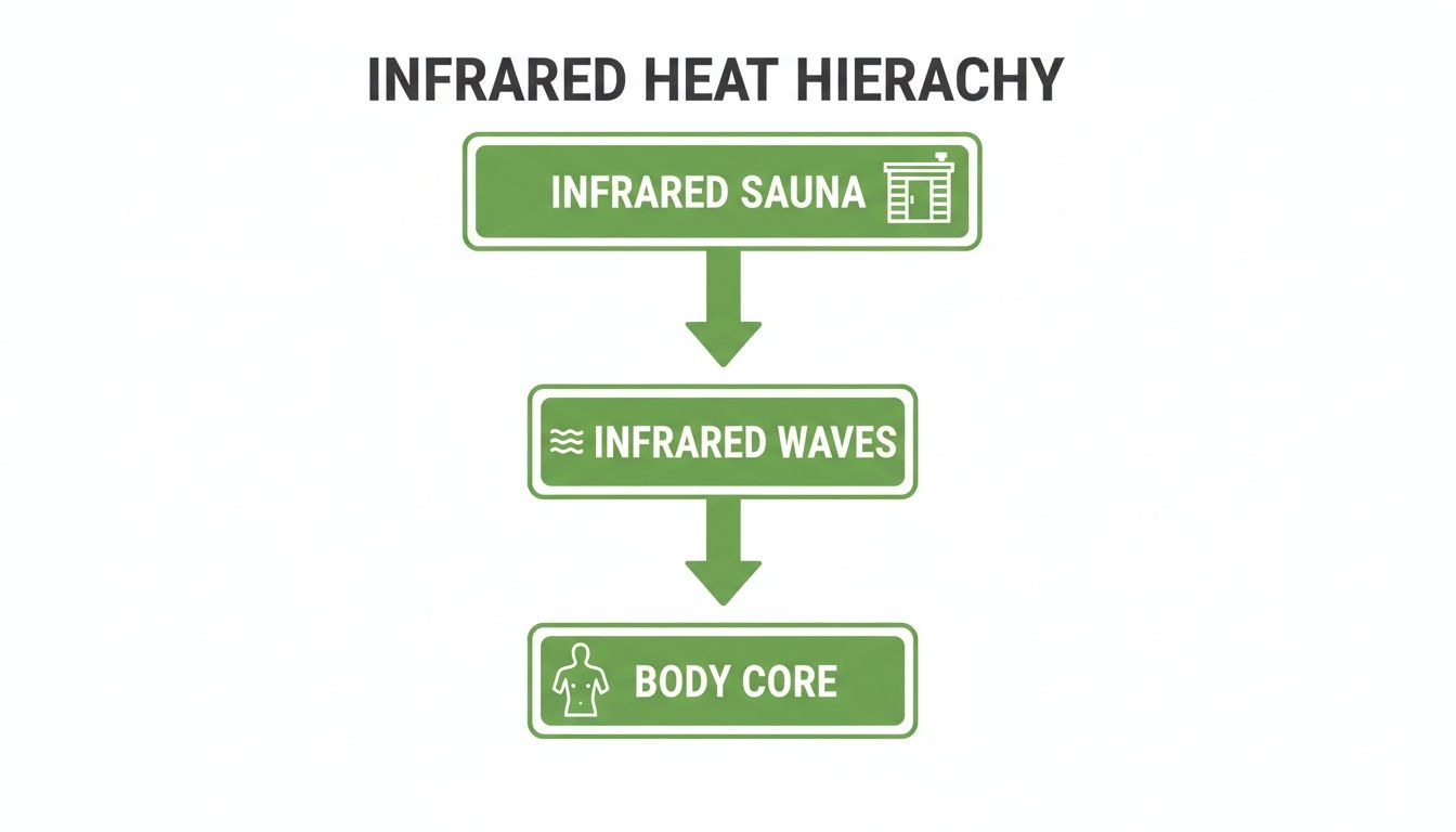 Infrared heat hierarchy diagram illustrating the path from infrared sauna to infrared waves to the body core.