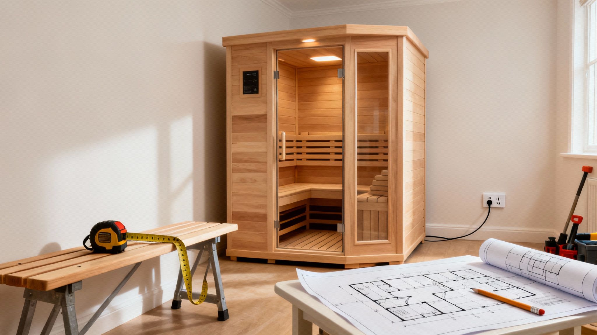 A well-planned home sauna installation in a bright, modern bathroom.