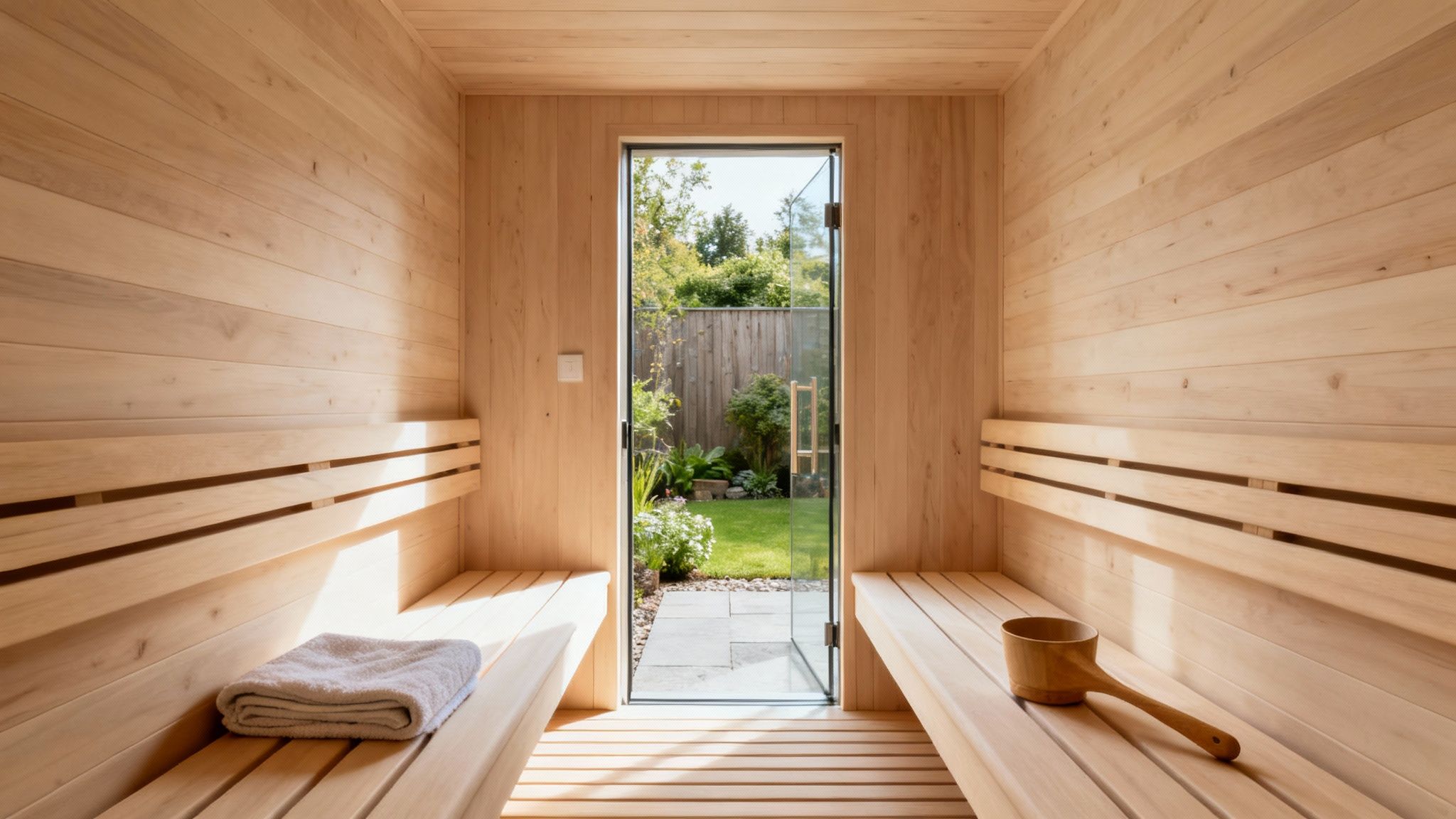 Modern wooden sauna interior with glass door opening to green garden backyard
