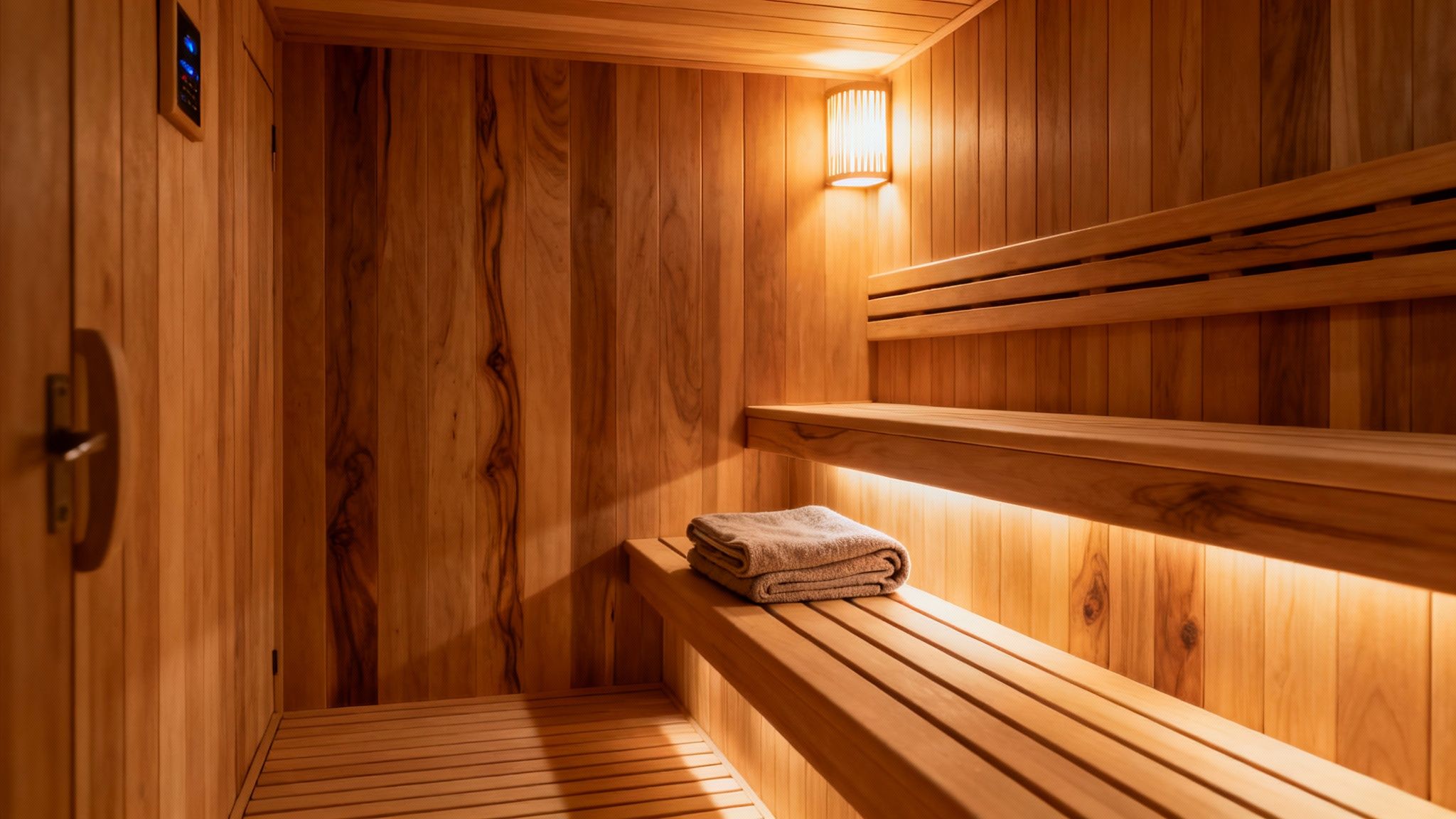 Woman relaxing in an outdoor sauna with a serene view