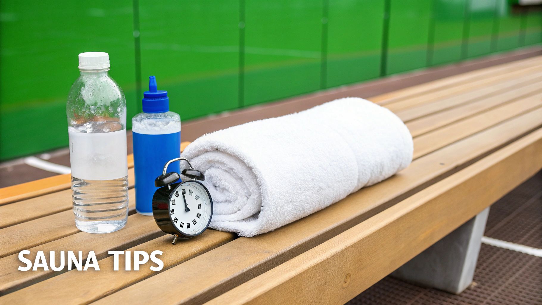Water bottle, sports drink, rolled towel, and alarm clock on a wooden sauna bench.