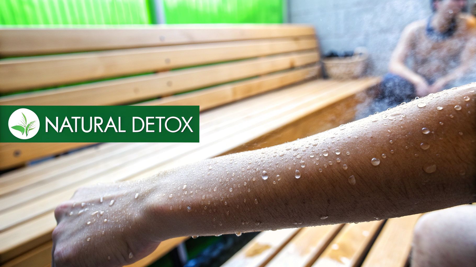 Close-up of a person's arm covered in water droplets in a sauna setting, suggesting natural detox.