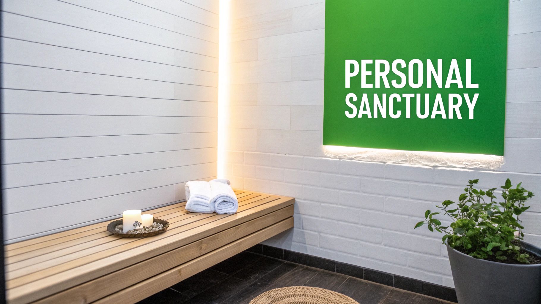 A modern home sauna or spa room with a wooden bench, towels, candles, and a 'PERSONAL SANCTUARY' sign.