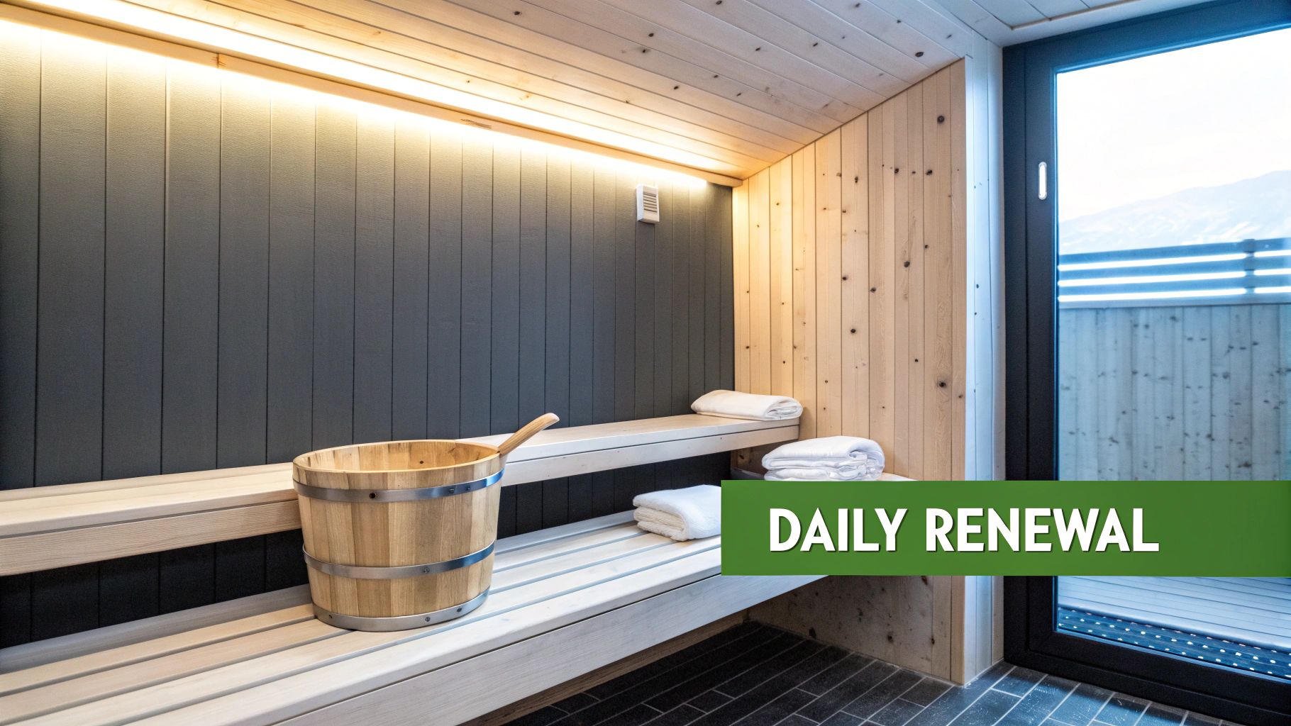 A cozy modern sauna interior with light wooden benches, a bucket, towels, and a window revealing a mountain view.