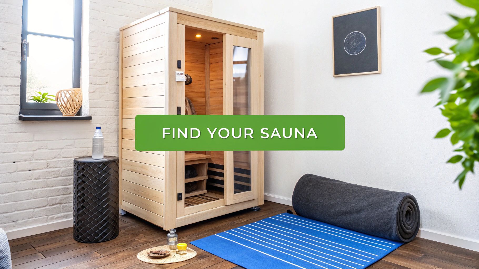A cozy room featuring a light wood infrared sauna, a blue yoga mat, and a black side table.