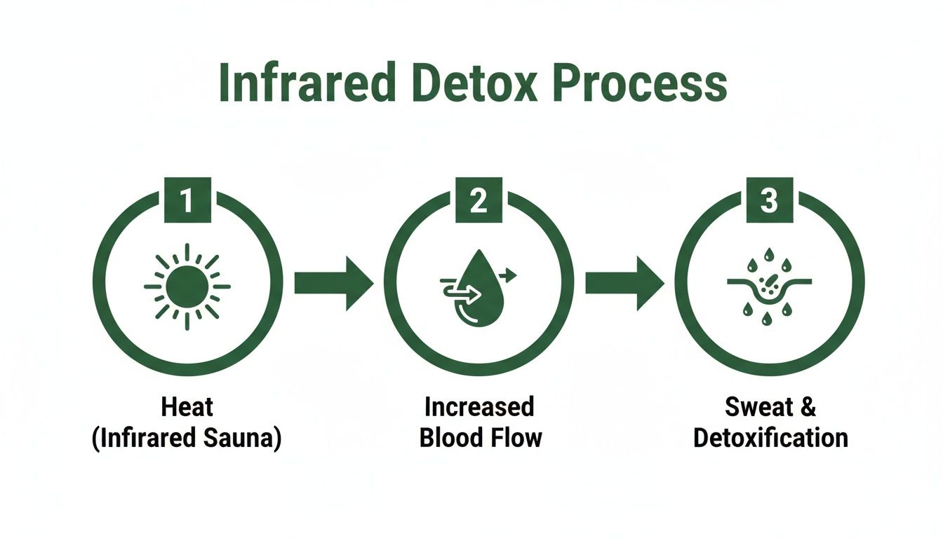 Infrared detox process steps showing heat from sauna, increased blood flow, and sweat for detoxification.