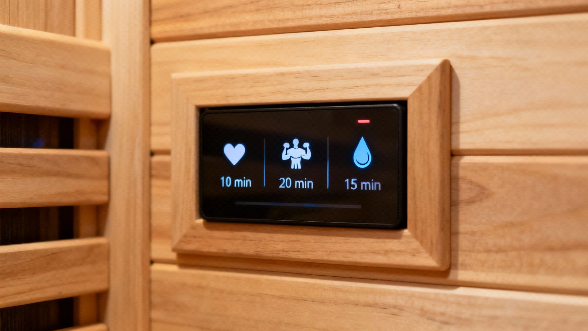 A person meditating peacefully inside a sauna, with a soft, warm glow.