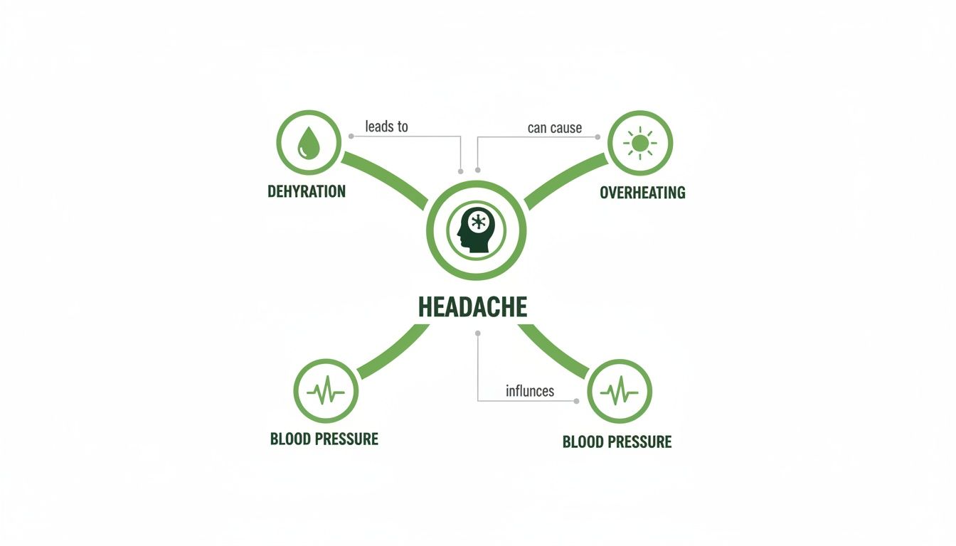 A diagram illustrates how dehydration, overheating, and blood pressure are linked to headaches.
