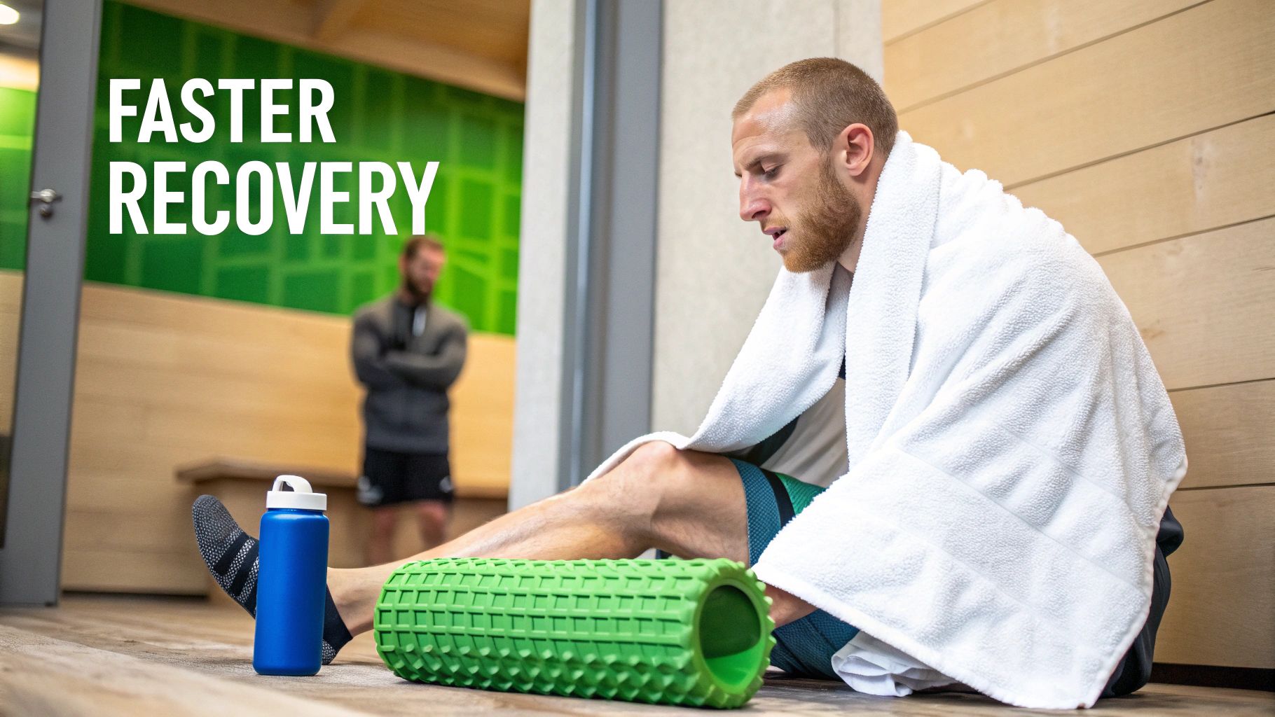 Athlete recovering with a foam roller and water bottle, promoting faster recovery.