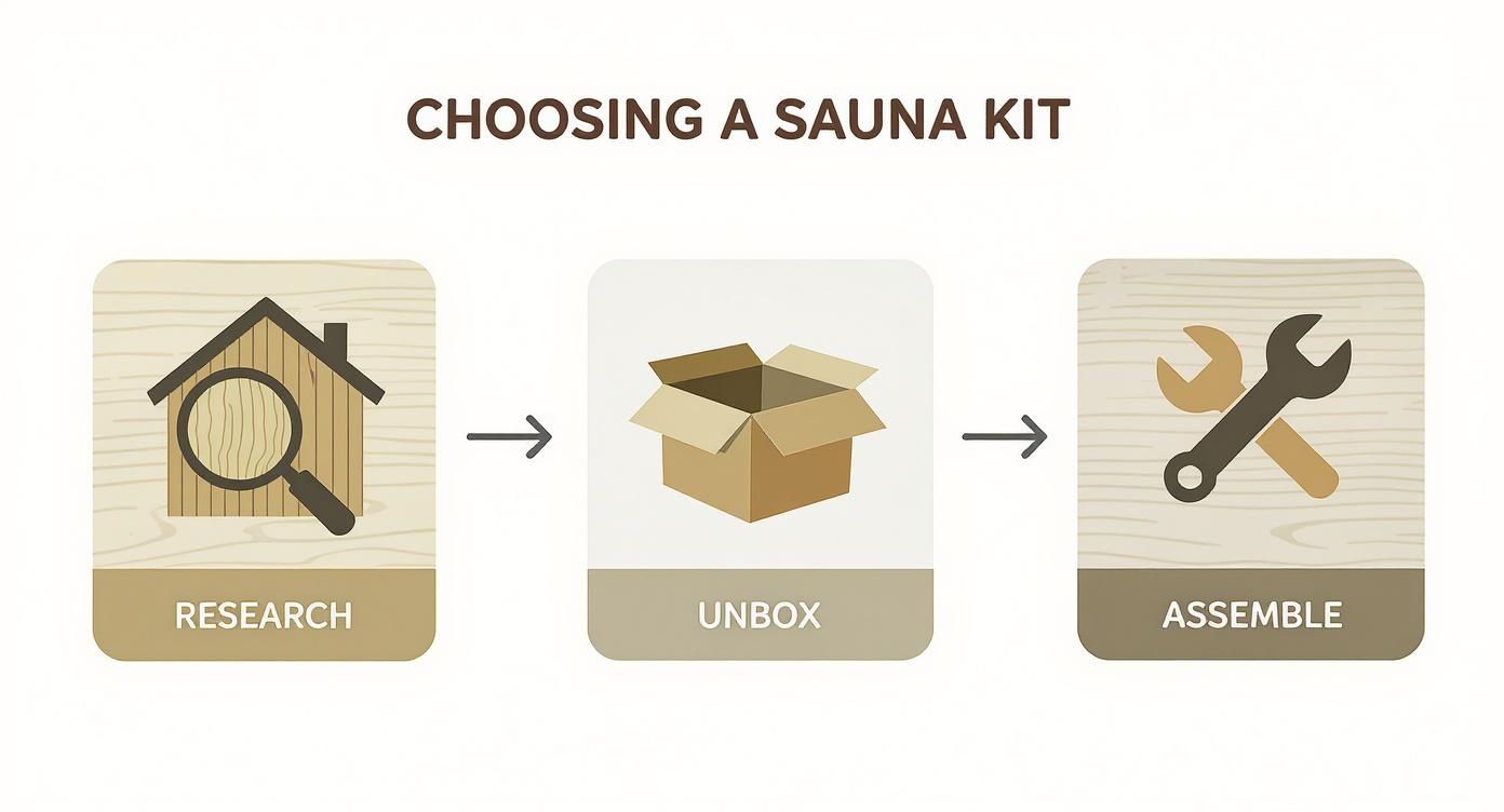 A three-step infographic illustrating the process of choosing a sauna kit: research, unbox, and assemble.
