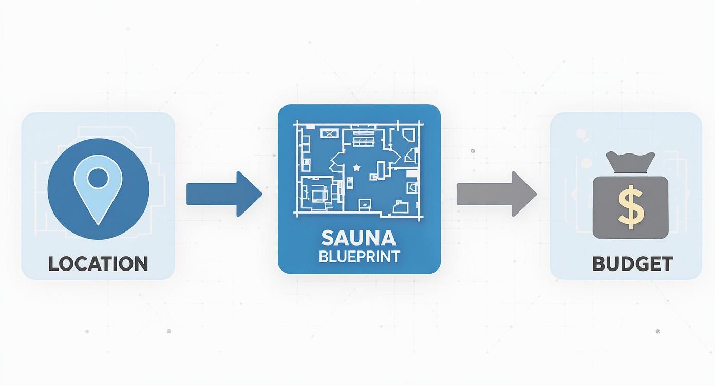 Sauna construction planning process flowchart showing location selection, blueprint design, and budget allocation steps