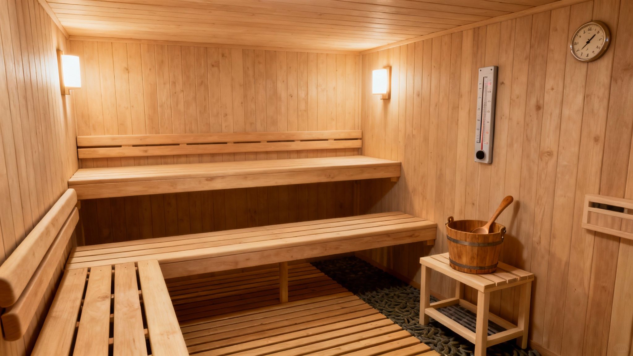 An inviting and well-lit sauna interior with benches and accessories.