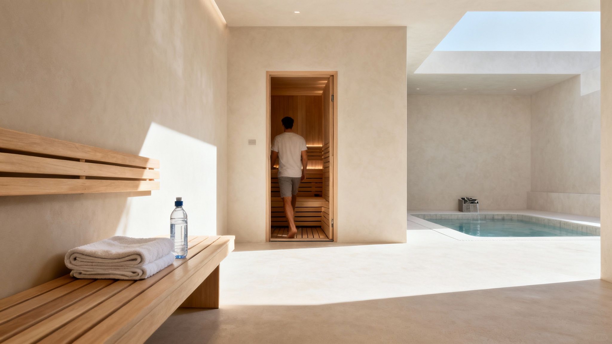 Modern minimalist spa interior with wooden sauna entrance, pool, and relaxation bench with towels