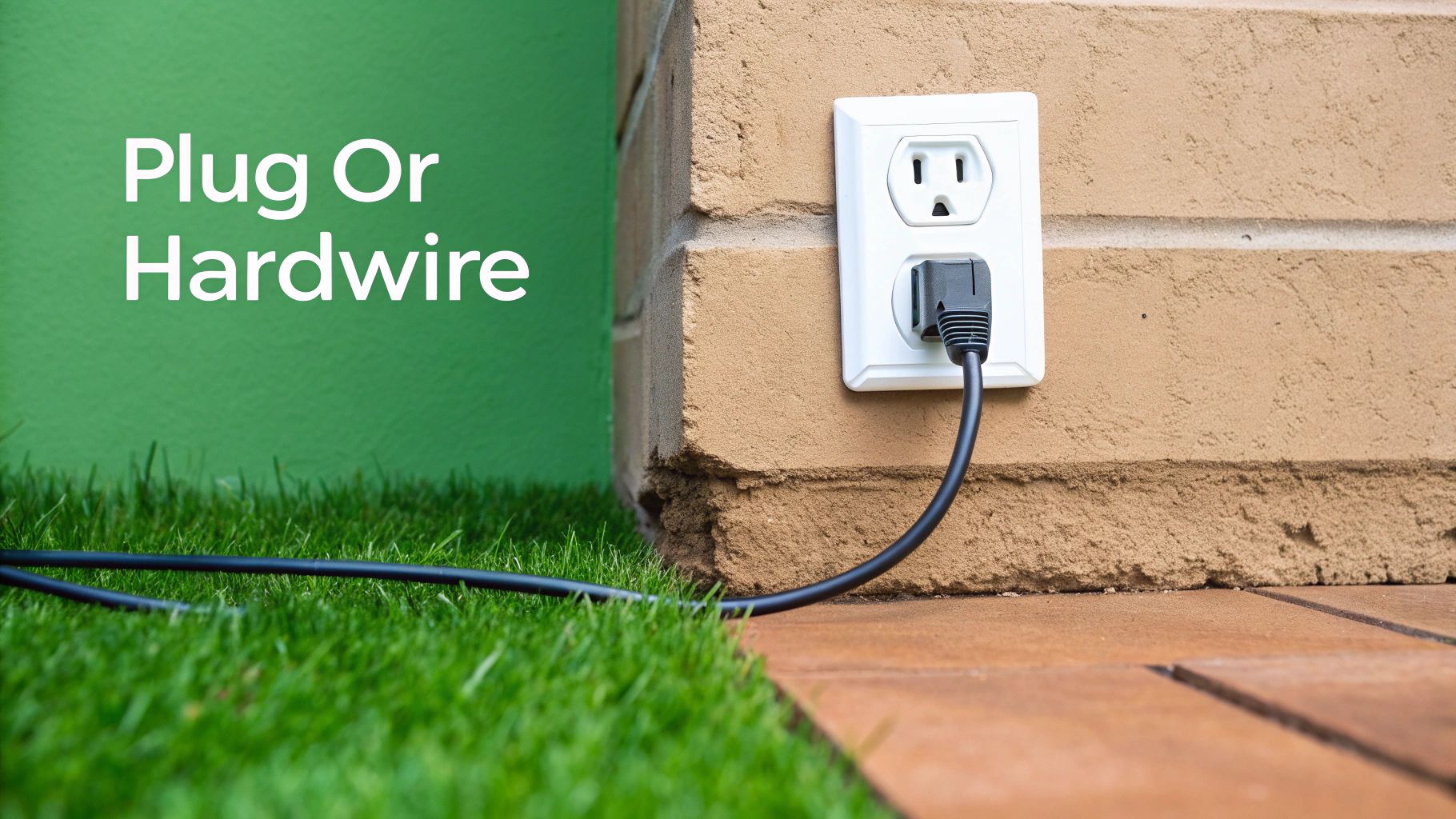 A black electrical cord plugged into a white outdoor electrical outlet on a tan brick wall.