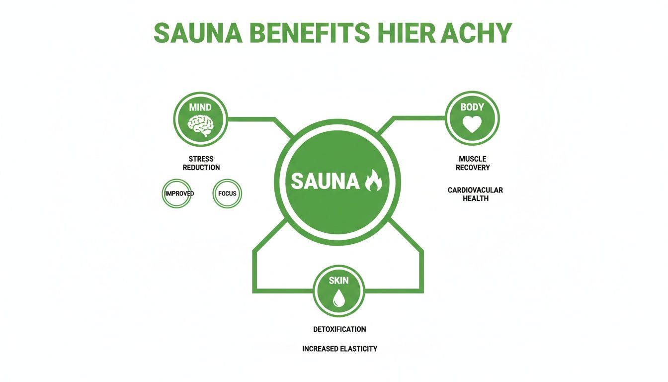 Infographic showing sauna benefits for mind, body, and skin, detailing stress reduction, muscle recovery, and detoxification.