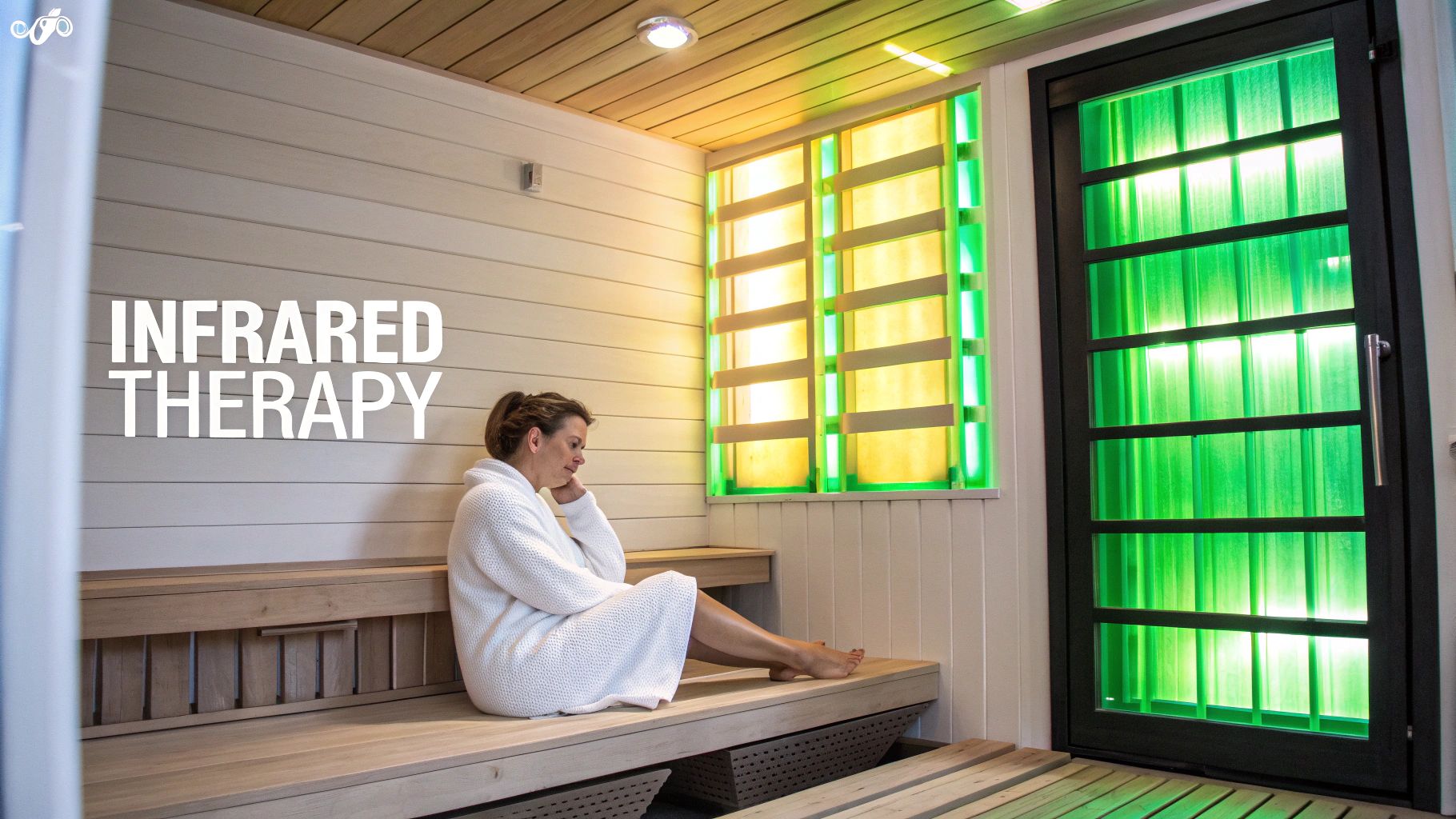 A woman in a white robe relaxing on a wooden bench inside an infrared sauna with colorful light panels.