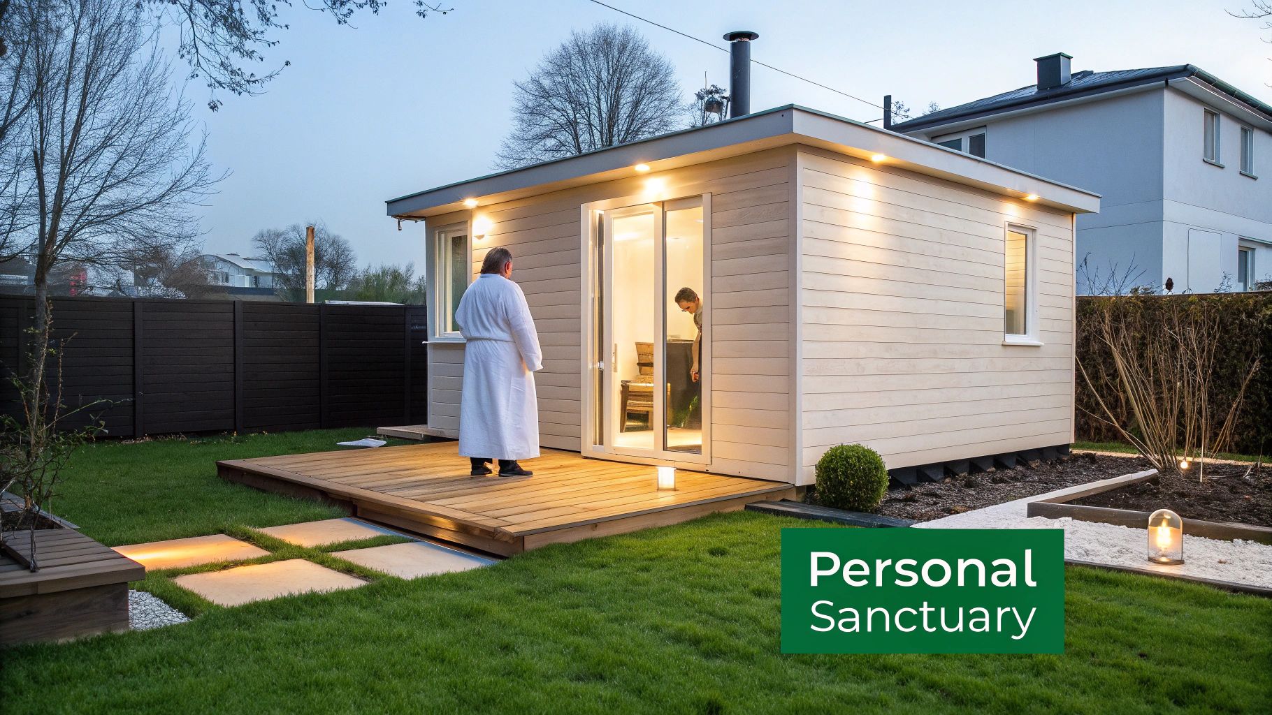 A person in a white robe stands on a wooden deck outside an illuminated outdoor sauna in a backyard.