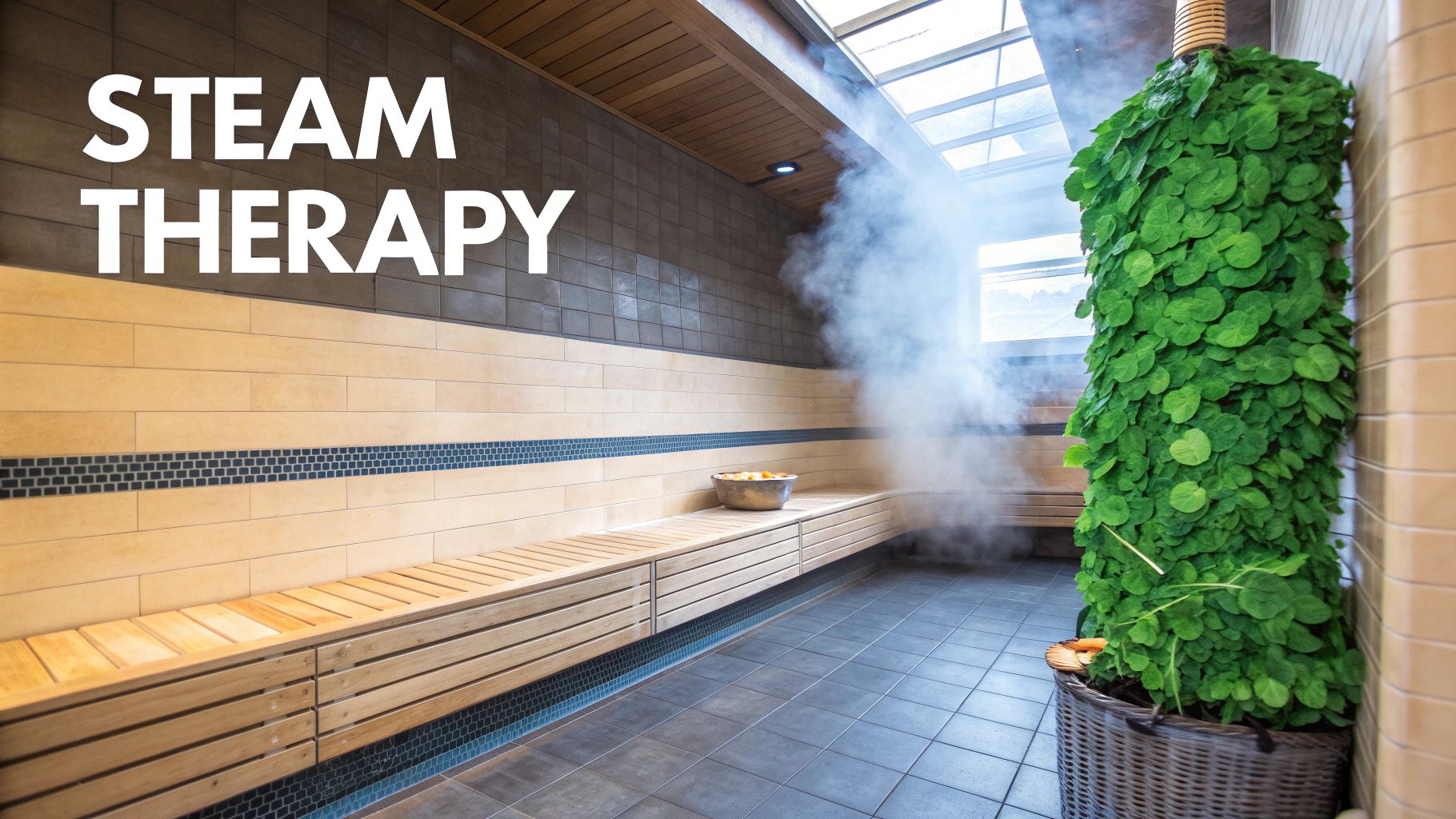Modern steam room interior with wooden benches, tiled walls, visible steam, and a large green leaf decoration.