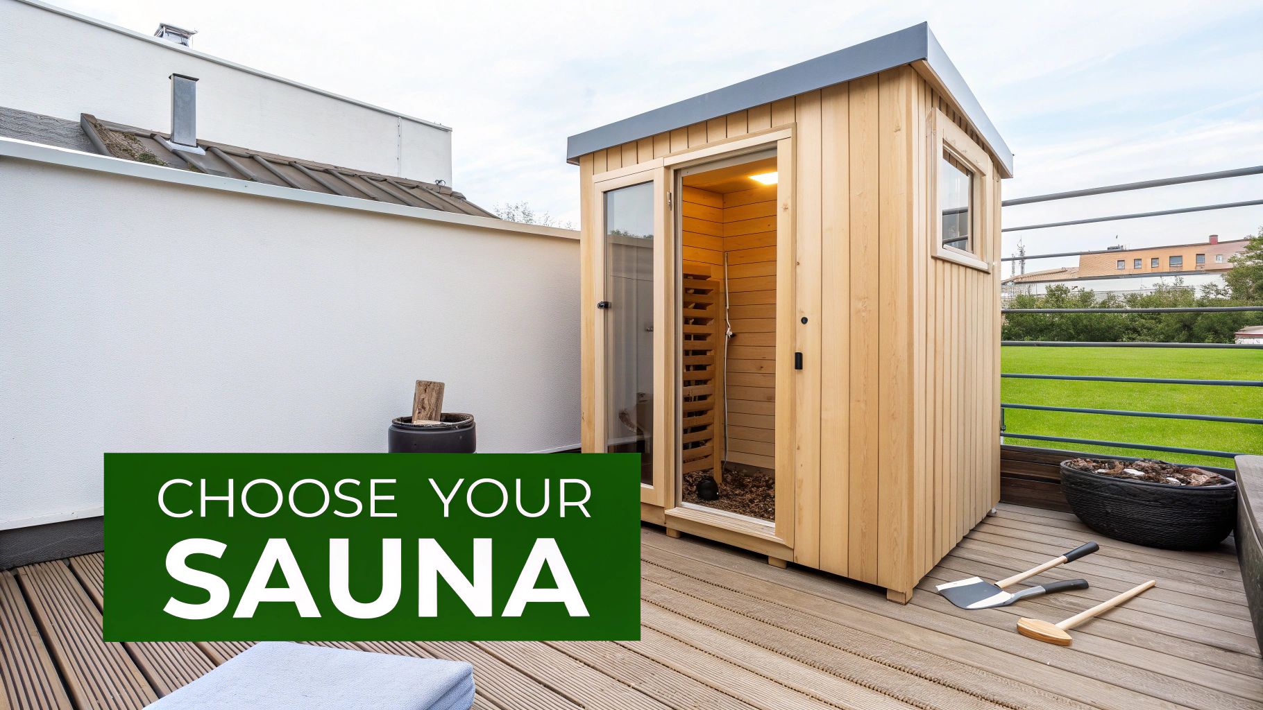 An outdoor wooden sauna cabin on a modern wooden deck, featuring a glass door and window.