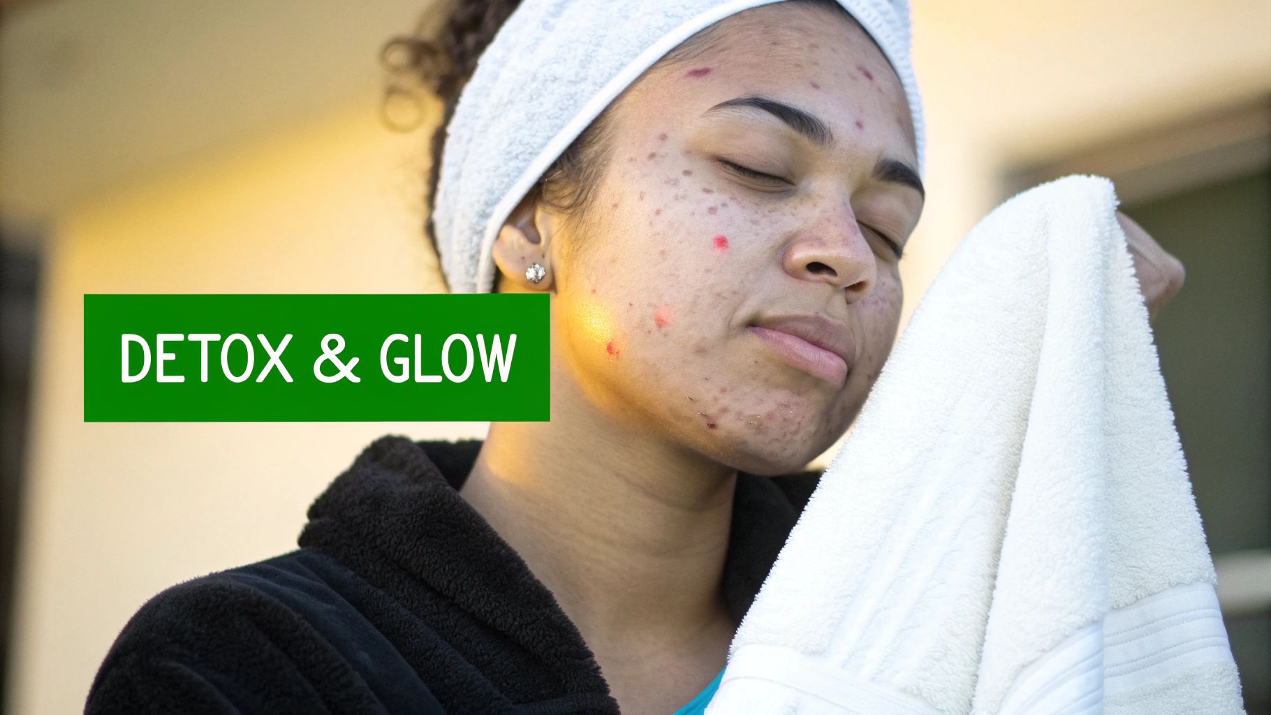 Young woman with acne and head towel, patting face with white towel, "DETOX & GLOW" text.